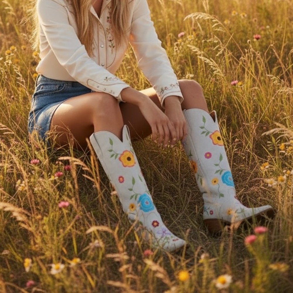 Anthropologie Dan Post Dingo 1969 Grey Flower Power Suede Tall Western Boots